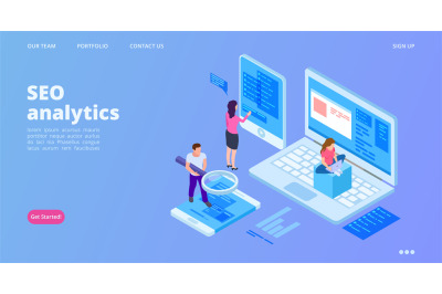 SEO analytics landing page. Isometric SEO optimization vector concept.