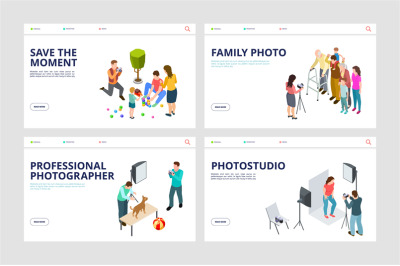 Photo shoot landing pages. Isometric professional photographer, family