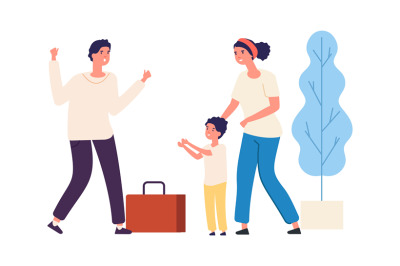 Dad is coming home from work. Vector happy family concept. Cute child,