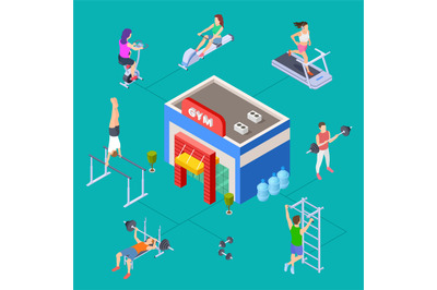 Isometric sport club concept. Vector gym building and fitness equipmen