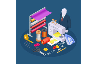 Textile industry composition. Isometric sewing vector. Sewing workshop