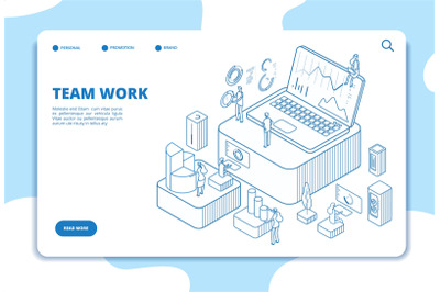 Teamwork landing page. People working with diagrams. Data analysis and