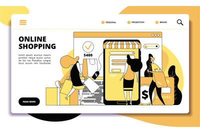 Online shopping landing page. Ecommerce sales, people with smartphone