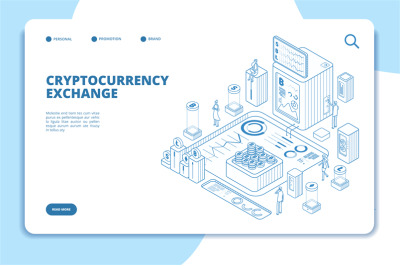 Cryptocurrency exchange isometric concept. Modern trade technology blo