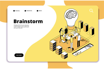 Brainstorm landing page. Business people launching new project and bra