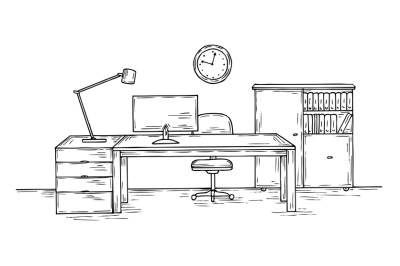 Hand drawn office. Sketch desk with chair computer and lamp. Home offi