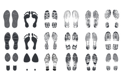 Footprint silhouettes. Barefoot&2C; sneaker and shoes steps with dirt tex