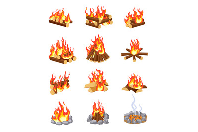 Cartoon bonfire. Summer campfires flame with firewood. Burning stacked