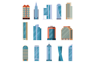 Flat skyscrapers. Modern city tall buildings. Residential and office h