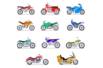 Motorcycle set. Motorbike and scooter, bike and chopper. Motocross and