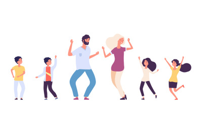 Flat dancing people. Happy kids and adults dancers vector characters.