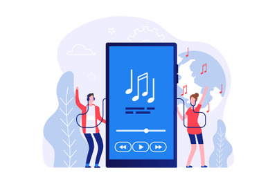 Mobile music concept. People listen songs online vector illustration.