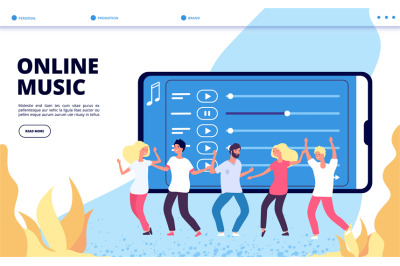 Online music landing page. Vector mobile entertainment illustration. H