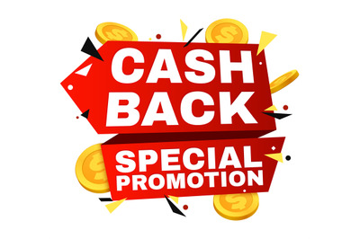 Cash back vector label. Money refund banner with gold coins