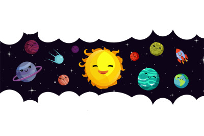 Space banner template. Vector cartoon planets&2C; solar system and rocket