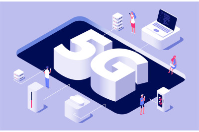 5G concept. Vector 5g wireless technology illustration with tiny peopl