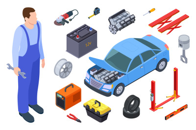 Auto mechanic and car tool. Isometric technician, auto industrial equi