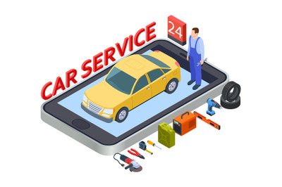 Auto services mobile app. Isometric car service vector concept with au