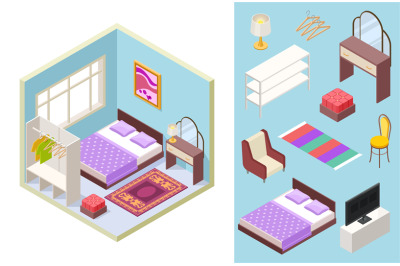 Bedroom isometric. Vector bed, lamp, chair, bookshelf, pillows. Isomet