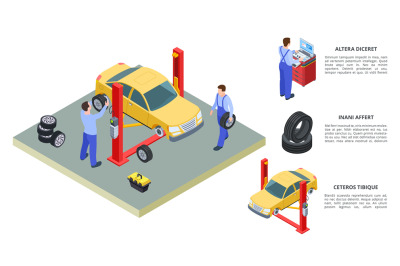 Car service concept. Vector venicle and tire service isometric illustr