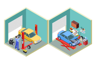 Car service isometric. People repair cars with auto industrial equipme