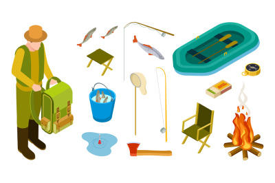 Fisherman isometric. Fishing tools vector set. Rubber boat&2C; fire&2C; fish