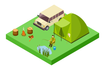 Fisherman isometric. Man fishing on the lake. Vector camping&2C; tent&2C; fi