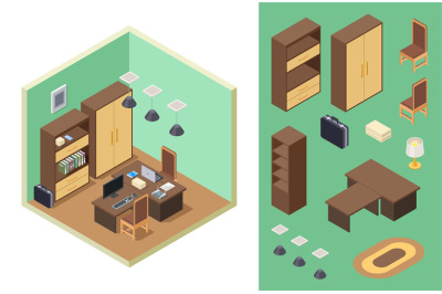 Home office isometric. Vector office room interior with desk, shelf, c