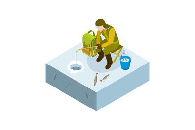 Ice fishing isometric. Vector man on ice fishing&2C; bucket of fish. Wint