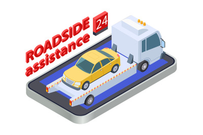 Road assistance concept. Isometric tow truck. Online roadside assistan