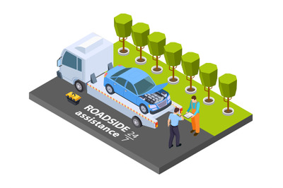 Tow truck isometric. Vector roadside assistance concept