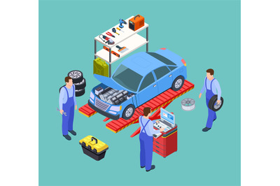 Venicle service isometric. Car repair, balancing vector illustration.