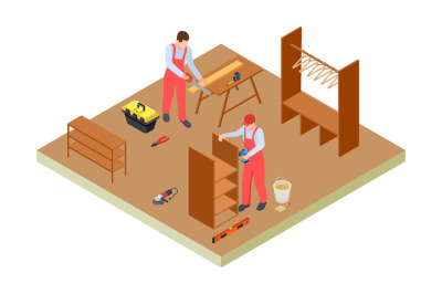 Carpenters workshop. Isometric vector woodworkers make furniture