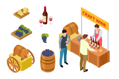 Craft wine tasting. Winemaking isometric concept. Vector grapes, chees