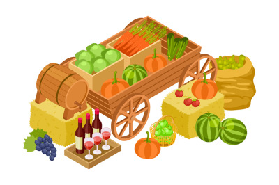 Harvest market concept. Isometric fresh farm products. Vector craft wi