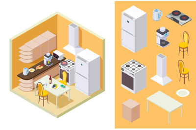 Kitchen isometric. Vector dinner room interior. Isometric fridge, tabl