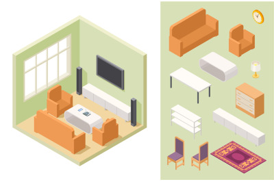 Living room isometric. Vector home interior and furniture. Couch, chai