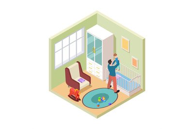 Nursery interior. Isometric father and son in kids room. Vector nurser