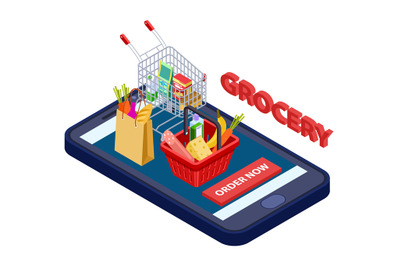 Online grocery concept. Vector mobile app for grocery store with food,