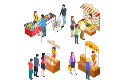 People buy food. Isometric grocery store and farm market. Food queue v