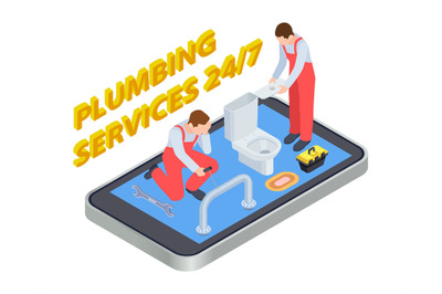 Plumbing services isometric. Vector plumber online app concept