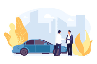 Rent car. Carsharing, rental car agency illustration. Flat male charac