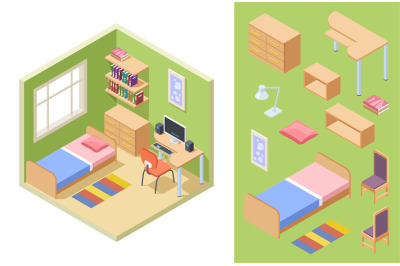 Teenagers room isometric. Vector bedroom concept. Interior for student