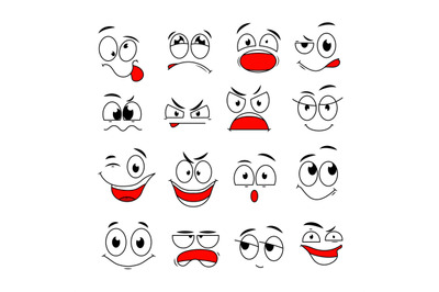 Cartoon face expression. Funny comic eyes and mouths with happy, sad a