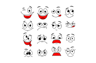 Cartoon expressions. Cute face elements eyes and mouths with happy, sa