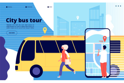 City bus tour. Tourists and urban bus vehicle with cityscape and map m