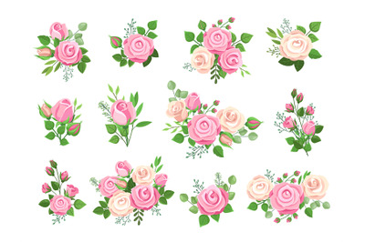 Rose bouquets. Red, white and pink roses, flower elements with green l