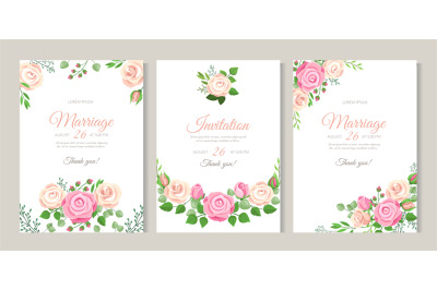 Wedding card with roses. Red&2C; white and pink roses with leaves. Weddin