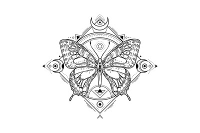 Mystic insect tattoo. Engraving mystical spiritual sketch design. Alch