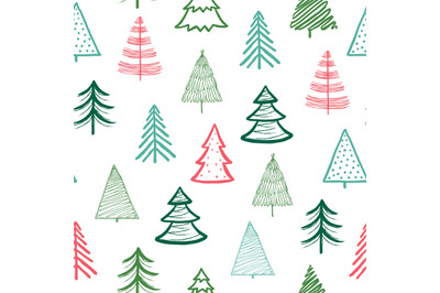 Doodle fir-tree pattern. Christmas tree handmade wallpaper. Xmas spruc